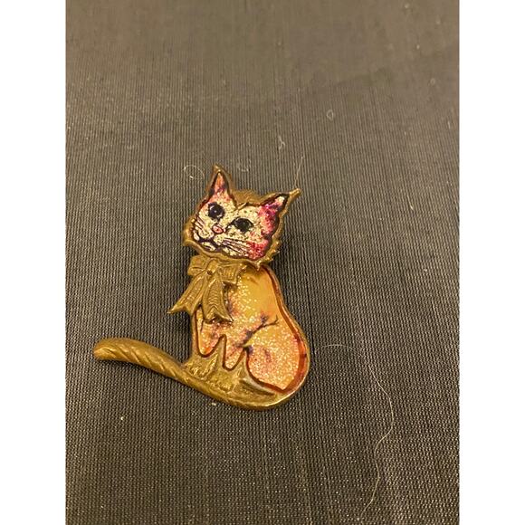 VTG Cat Booch Pin Badge w Moving Head Gold tone aluminum Glitter1.75 in. EUC - Picture 4 of 16